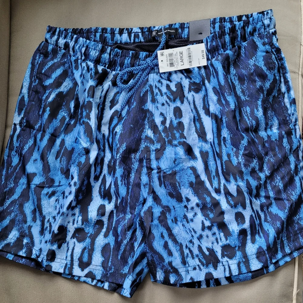 INC Men's Swim Trunks Blue Animal Print NEW Mesh Lined Pockets Size L NWT